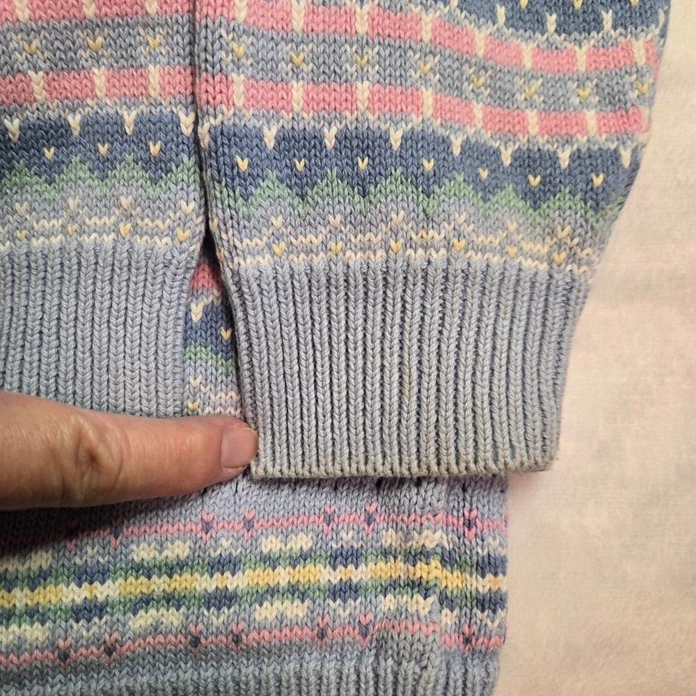 Lizsport Vintage‎ Fair Isle Cardigan Sweater Blue Pastel Cotton Knit USA Made M